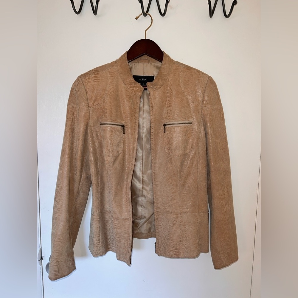 Alfani Genuine Leather Tan Snakeskin Textured Moto Jacket with bronze zippers